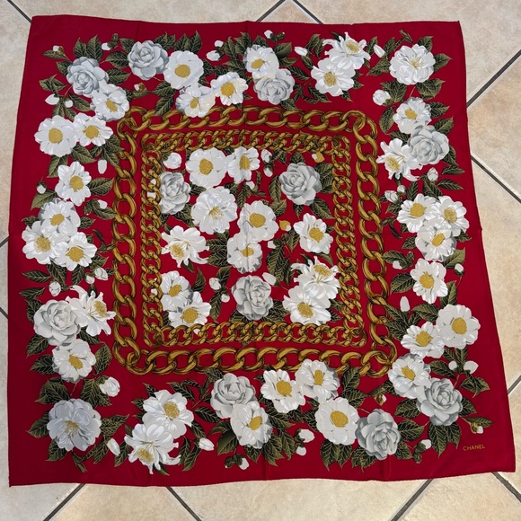 Chanel Red Silk Scarf